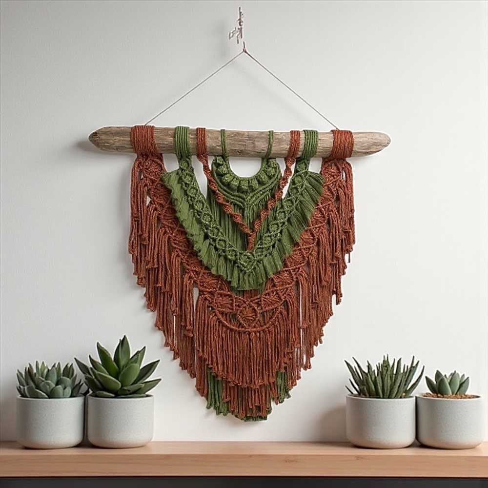 Boho Handcrafted Green and Brown Macramé Wall Tapestry